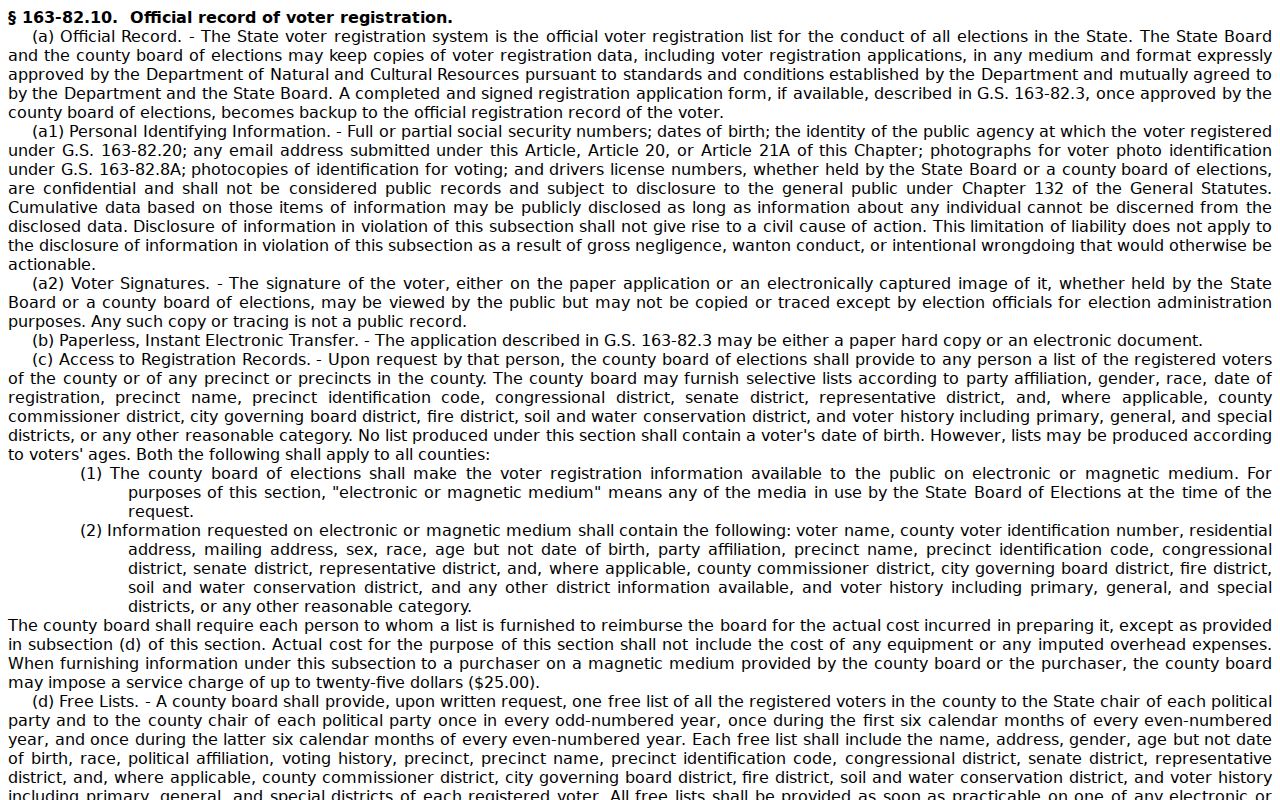 Huntersville neighbors North Carolina voter file law