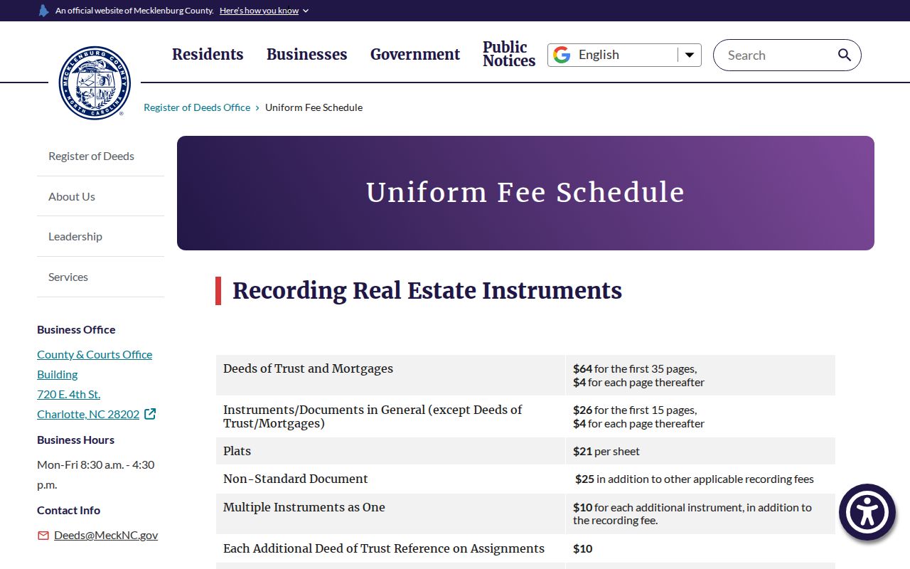 Huntersville previous residents Register of Deeds fee schedule