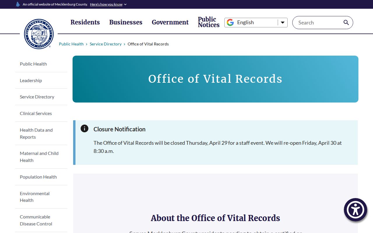 Huntersville resident lookup Mecklenburg vital records office