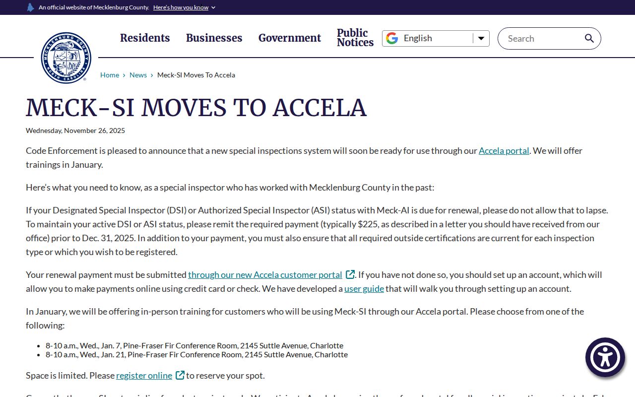 Huntersville street directory Accela transition notice